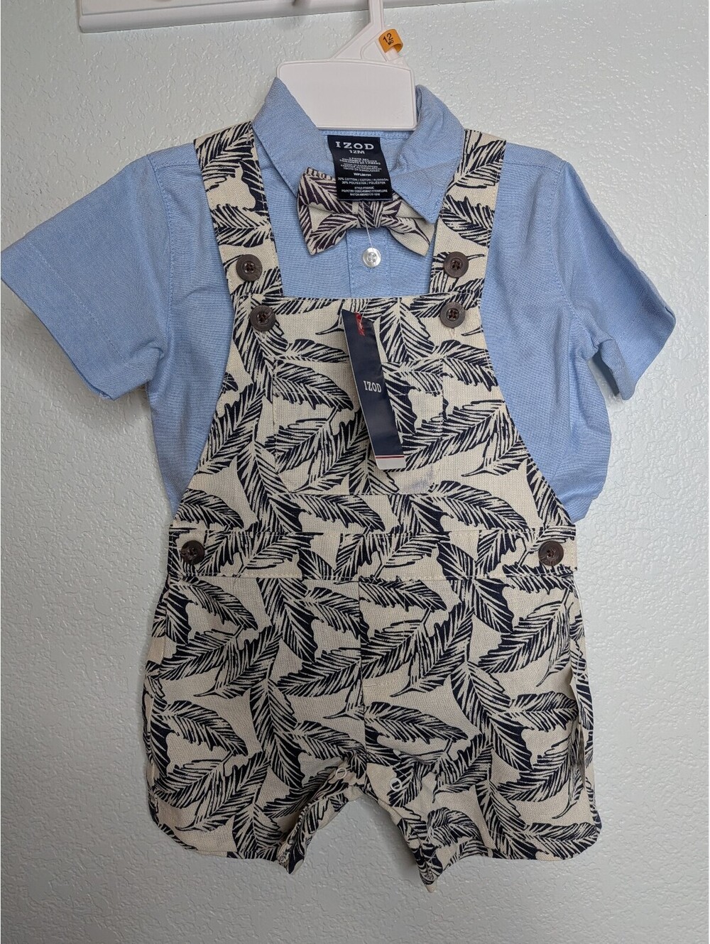 IZOD Baby Boy 3 Piece Shirt Bow Tie Shortall Set 12M NWT